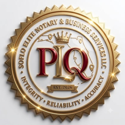 SoFlo Elite Notary & Business Services LLC official seal — Integrity, Reliability, Accuracy. Florida commission HH392574.
